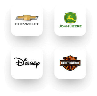 Four logos are displayed on rounded square backgrounds: Chevrolet, John Deere, Disney, and Harley-Davidson Motor Cycles.