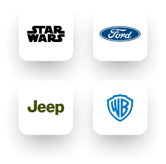 Four logos on rounded squares arranged in a two-by-two grid, with each logo representing a different brand: "STAR WARS," "Ford," "Jeep," and "WB" (Warner Bros).